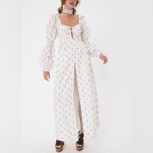 For Love & Lemons Carlotta Maxi Dress Low Cut Cotton Floral in Pink White Size S